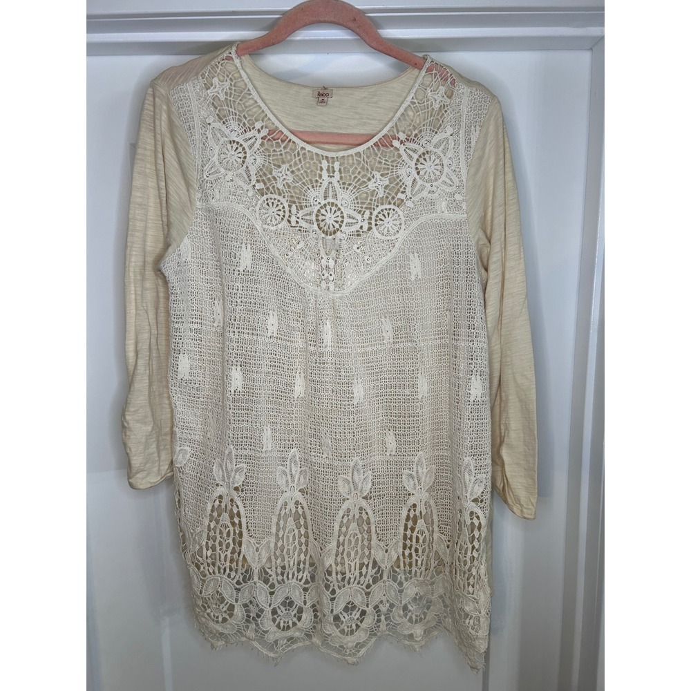 Reba Womens Cream Crochet Lace Long Sleeve Boho Top Medium Cottage‎ Coquette